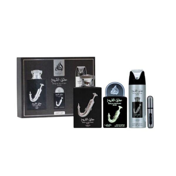 Estuche Lattafa Ishq Al Shuyukh Silver: aroma cítrico-amaderado en 4 piezas. Frescura, elegancia y duración para el hombre moderno.