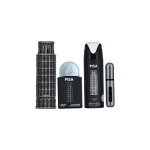 Estuche Lattafa Pisa: aroma cítrico-amaderado con mandarina, cedro y ámbar. Elegancia masculina en cada nota. ¡Descúbrelo!