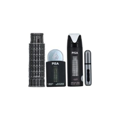 Estuche Lattafa Pisa: aroma cítrico-amaderado con mandarina, cedro y ámbar. Elegancia masculina en cada nota. ¡Descúbrelo!