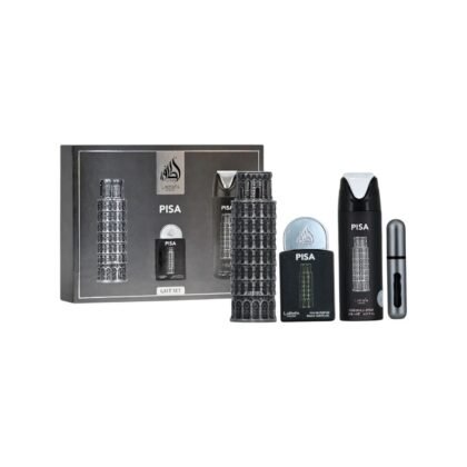 Estuche Lattafa Pisa: aroma cítrico-amaderado con mandarina, cedro y ámbar. Elegancia masculina en cada nota. ¡Descúbrelo!