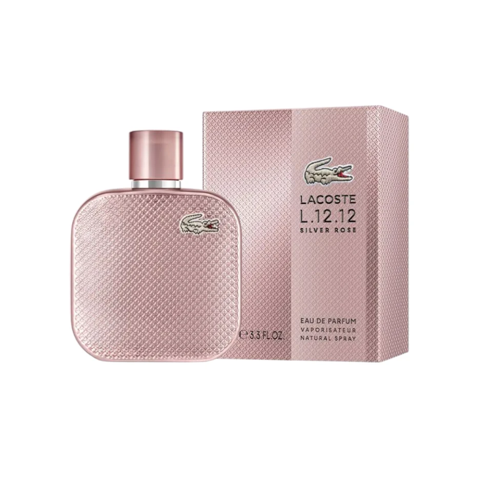 Lacoste Silver Rose: fragancia femenina con pomelo, rosa y cashmeran. Elegancia floral amaderada con acabado rosa metálico.