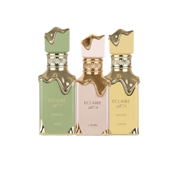 Trío Lattafa Eclaire: Original, Pistache y Banoffi. Tres perfumes gourmand irresistibles con notas dulces, florales y cremosas que encantan