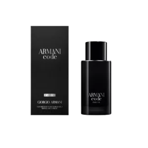 Armani Code Parfum combina bergamota, iris y haba tonka en una fragancia intensa, elegante y profundamente masculina.