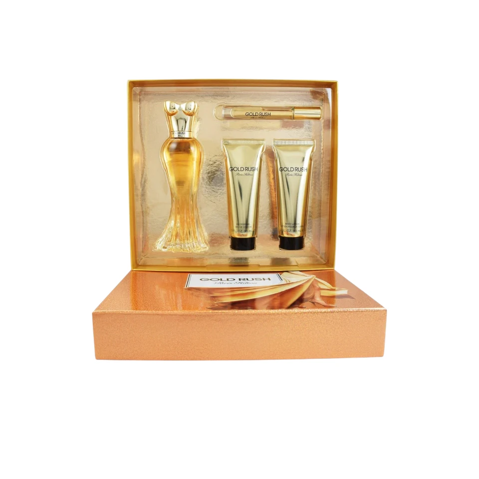 Estuche Gold Rush Paris Hilton Mujer con perfume, perfumero, crema y gel. Aroma floral frutal gourmand, sensual y elegante.