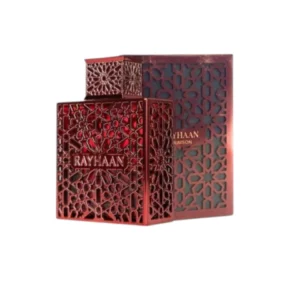 Frasco elegante del Perfume Rayhaan Crimson, símbolo de intensidad, elegancia y sofisticación