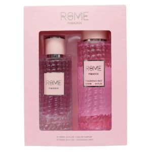 Estuche Rome Paradox con perfume 100ml y Splash 250ml, elegancia y frescura en un solo set.
