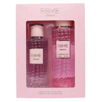 Estuche Rome Paradox con perfume 100ml y Splash 250ml, elegancia y frescura en un solo set.