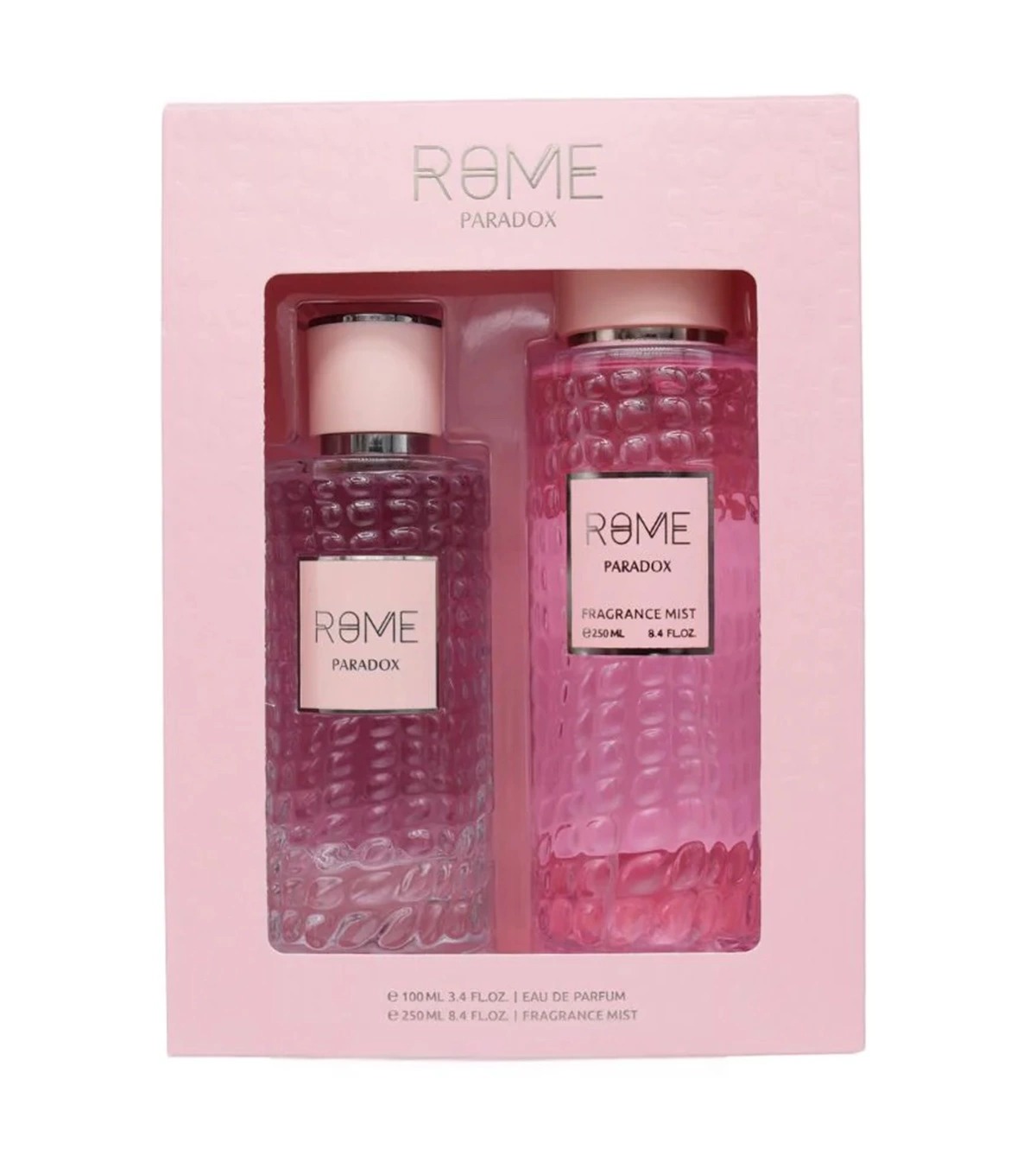Estuche Rome Paradox con perfume 100ml y Splash 250ml, elegancia y frescura en un solo set.