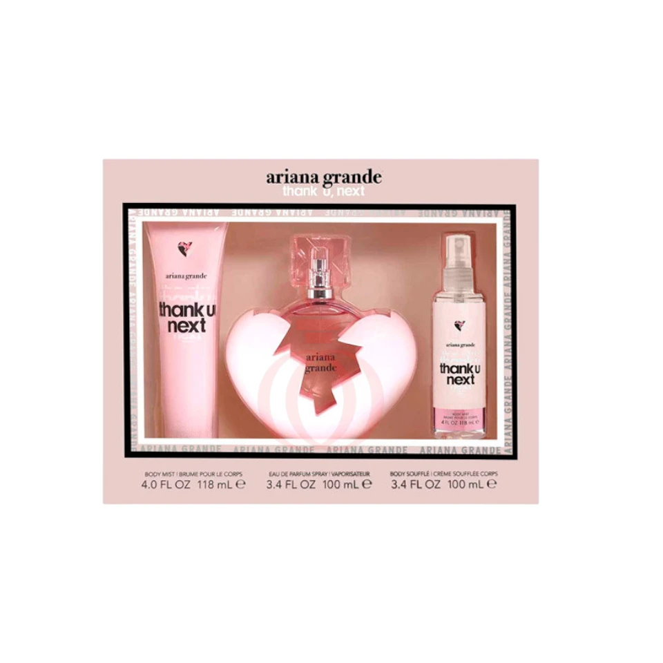 Estuche Ariana Grande Thank U Next: perfume, splash y crema con aroma frutal, floral y gourmand.