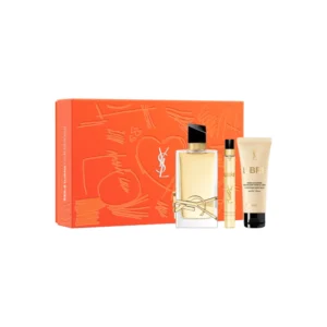Estuche Libre Yves Saint Laurent: perfume 90ml, perfumero 10ml y bálsamo corporal 50ml, lujo femenino.
