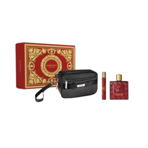 Estuche Versace Eros Flame: perfume 100ml, mini 5ml y bolso de mano, pasión y elegancia.