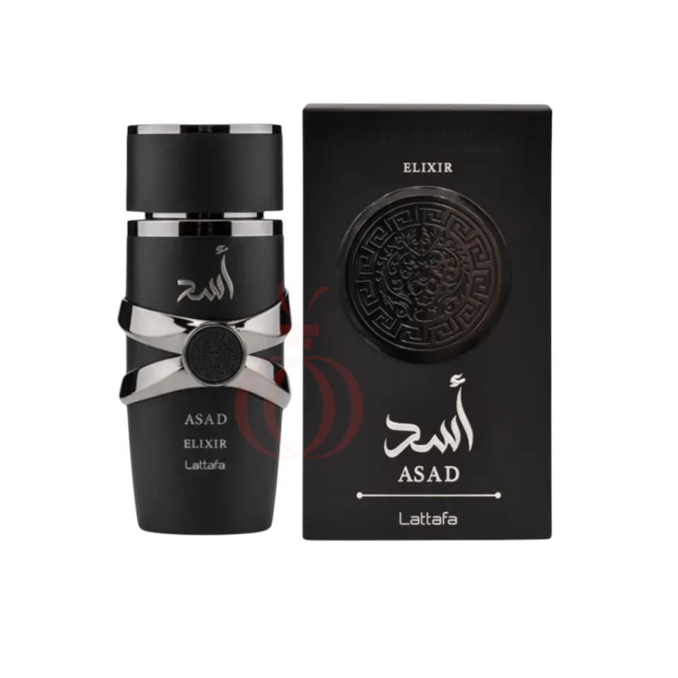 Lattafa Asad Elixir: perfume masculino intenso con especias, maderas y un fondo cálido y elegante.