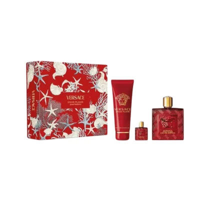 Estuche Versace Eros Flame: perfume 100ml, mini 5ml y gel de ducha, pasión y elegancia.