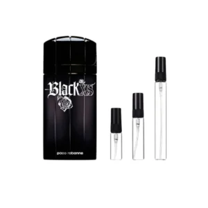 Fragancia dulce y rebelde Decants Black XS Paco Rabanne, disponible en 3 ml, 5 ml y 10 ml.