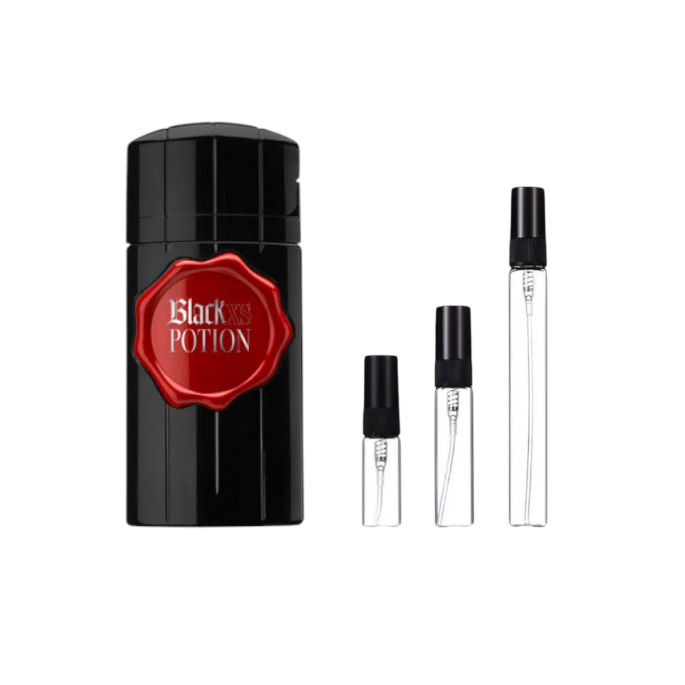 Fragancia intensa y seductora Decants Black XS Potion, disponible en 3 ml, 5 ml y 10 ml.