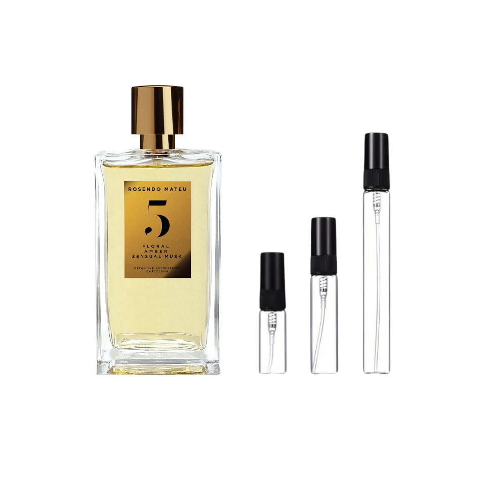 Decants Rosendo Mateu 5, sensualidad ambarada en 3ml, 5ml y 10ml.