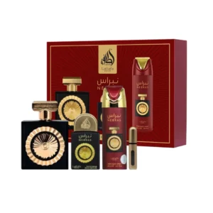 Estuche Lattafa Nebras, aroma dulce y cálido con cacao, vainilla y ámbar envolvente.