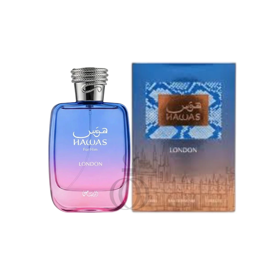 Fragancia moderna y fresca: Rasasi Hawas London, elegancia urbana en cada nota.