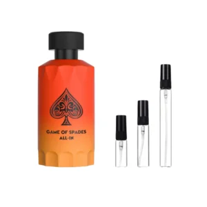 Decants Game Of Spades All In en formatos de 3ml, 5ml y 10ml. Fragancia unisex con notas cítricas, especiadas y fondo amaderado elegante.