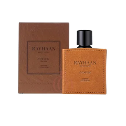 Elegancia intensa y masculina del Perfume Rayhaan Corium con notas de cuero y ámbar.