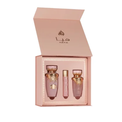 Estuche Lattafa Haya, elegancia y frescura femenina en cada detalle.