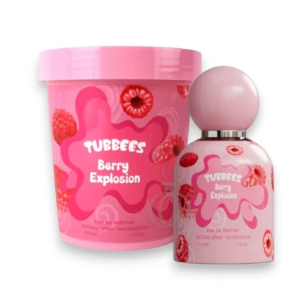 Frasco colorido del perfume Tubbees Berry Explosion destacando su diseño juvenil y frutal.