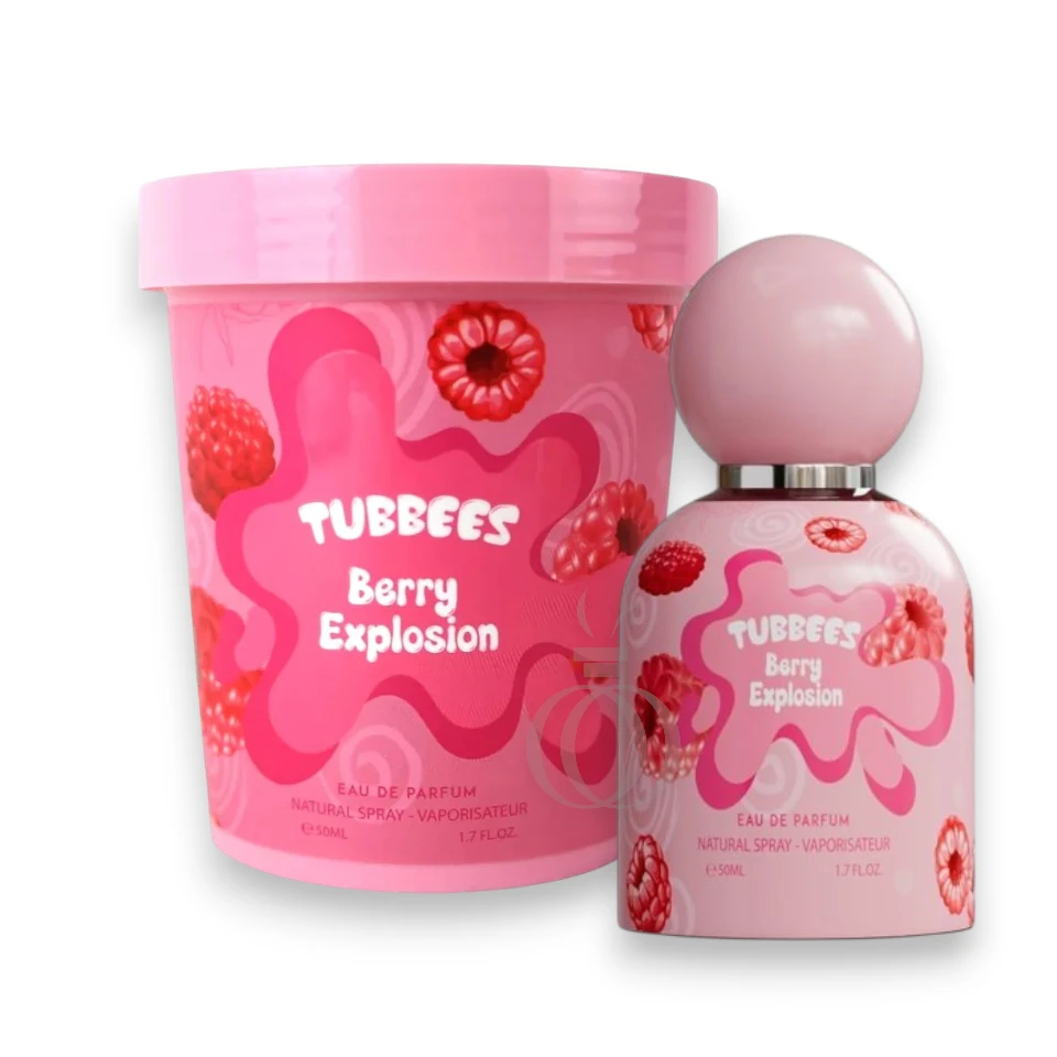 Frasco colorido del perfume Tubbees Berry Explosion destacando su diseño juvenil y frutal.