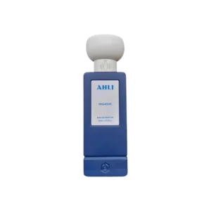 Botella azul con tapa blanca y detalles dorados de Ahli Pegasus Eau De Parfum.