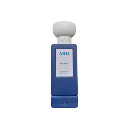 Botella azul con tapa blanca y detalles dorados de Ahli Pegasus Eau De Parfum.