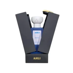 Caja negra elegante con detalles dorados y botella azul de Ahli Pegasus Eau De Parfum.