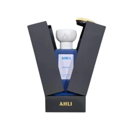 Caja negra elegante con detalles dorados y botella azul de Ahli Pegasus Eau De Parfum.