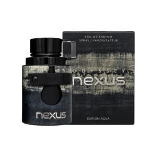Caja azul texturizada y botella cilíndrica de Armaf Odyssey Nexus.