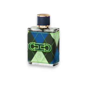 Botella rectangular del perfume CH Men Swing Carolina Herrera Limited Edition con tapa dorada y funda textil azul