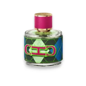Botella cilíndrica del perfume CH Swing Carolina Herrera Limited Edition con tapa dorada y tela estampada