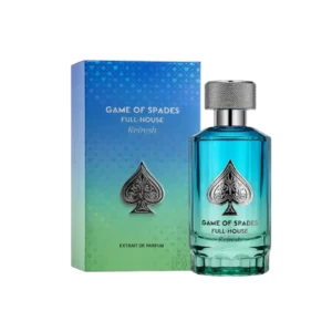 Caja y botella de perfume Jo Milano Game Of Spades Refresh con diseño inspirado en cartas.