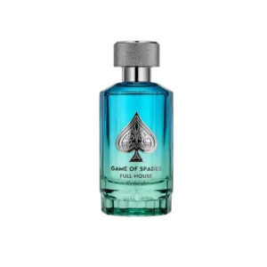 Botella turquesa de perfume Jo Milano Game Of Spades Refresh con tapa metálica.
