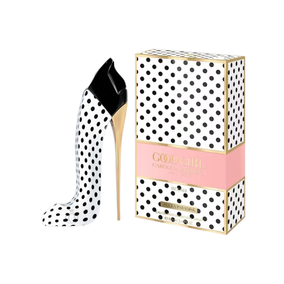 Perfume Good Girl Blush Polka Paradise Carolina Herrera con caja blanca de lunares y frasco en forma de zapato