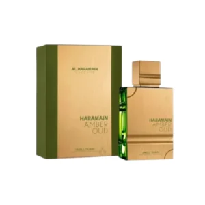 Caja dorada y verde metálica con botella elegante de Al Haramain Amber Oud Smell Dubai.