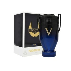Caja y botella del perfume Rabanne Invictus Victory Elixir con diseño de lujo.