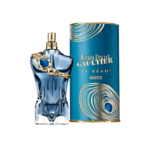 Perfume Jean Paul Gaultier Le Beau Narcisse con caja cilíndrica azul metálica y botella en forma de torso