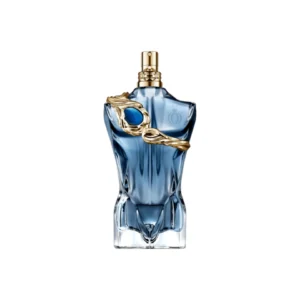 Botella en forma de torso del perfume Jean Paul Gaultier Le Beau Narcisse en vidrio azul con detalles dorados