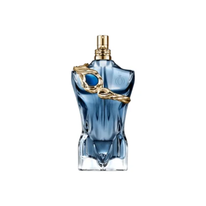 Botella en forma de torso del perfume Jean Paul Gaultier Le Beau Narcisse en vidrio azul con detalles dorados
