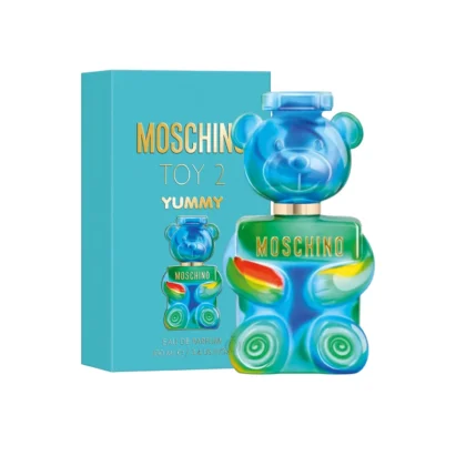 Caja turquesa y botella en forma de oso del Moschino Toy 2 Yummy.