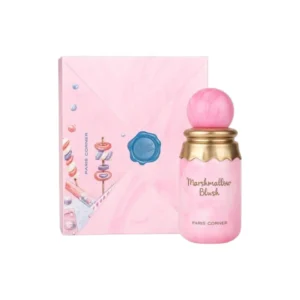Caja y botella de Paris Corner Marshmallow Blush con diseño dulce y colorido.
