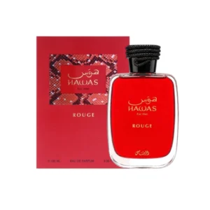 Caja y botella del perfume Rasasi Hawas Rouge con diseño elegante.