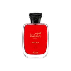 Botella del perfume Rasasi Hawas Rouge en diseño moderno.