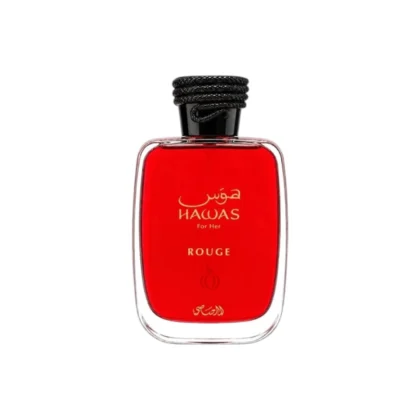 Botella del perfume Rasasi Hawas Rouge en diseño moderno.