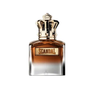 Botella del perfume Scandal Elixir Parfum Jean Paul Gaultier en vidrio marrón con tapa dorada en forma de corona