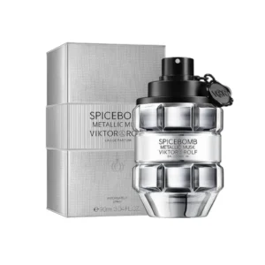 Caja metálica plateada y botella en forma de granada de Spicebomb Metallic Musk Viktor & Rolf.