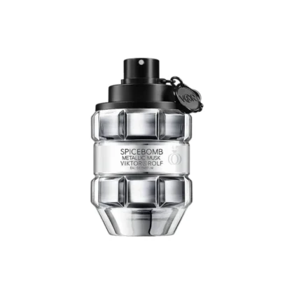 Botella metálica plateada con diseño de granada de Spicebomb Metallic Musk Viktor & Rolf.